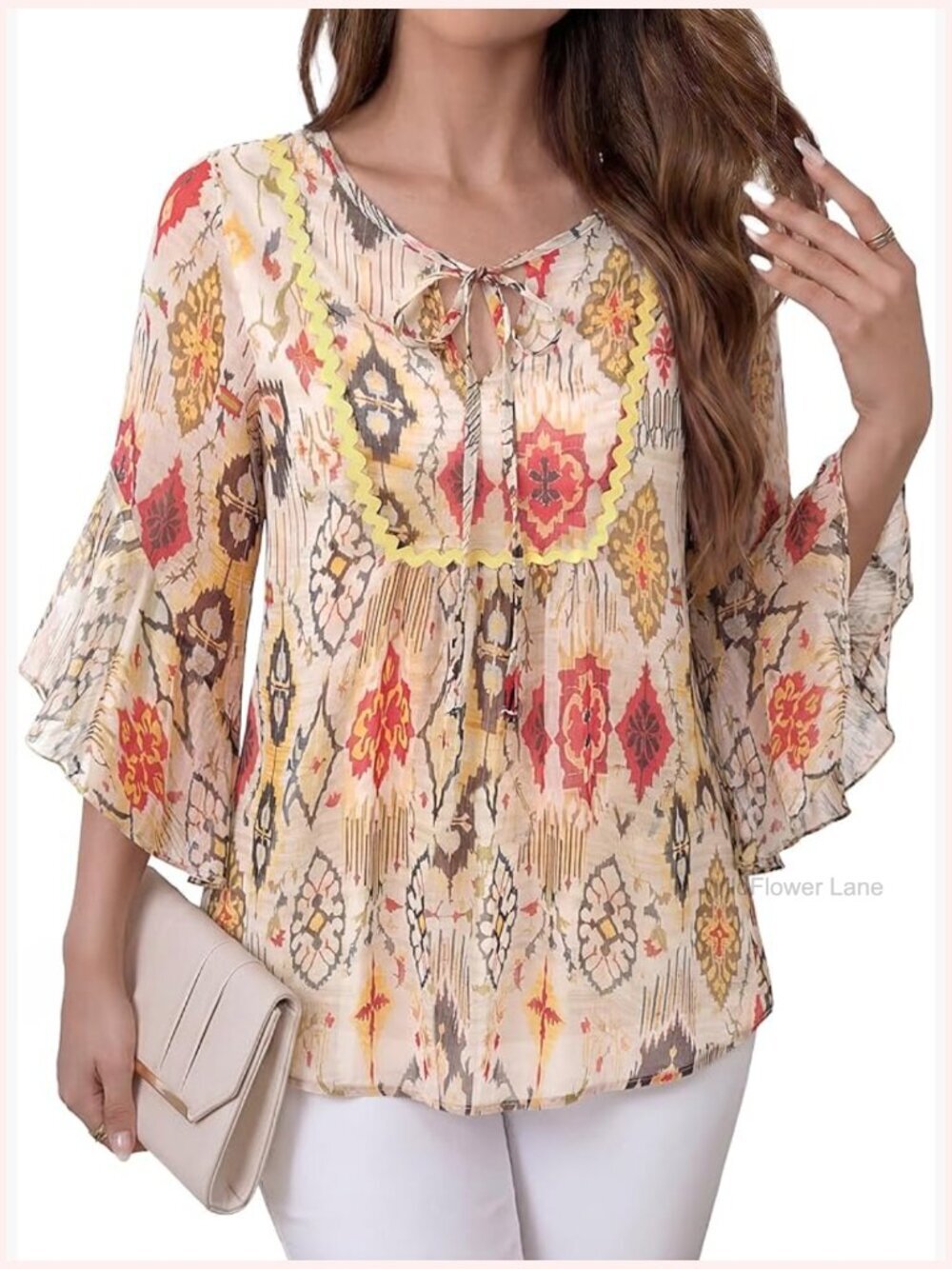 Dressy Casual 3/4 Sleeve Blouse with Ruffle Floral V Neck Chiffon Top